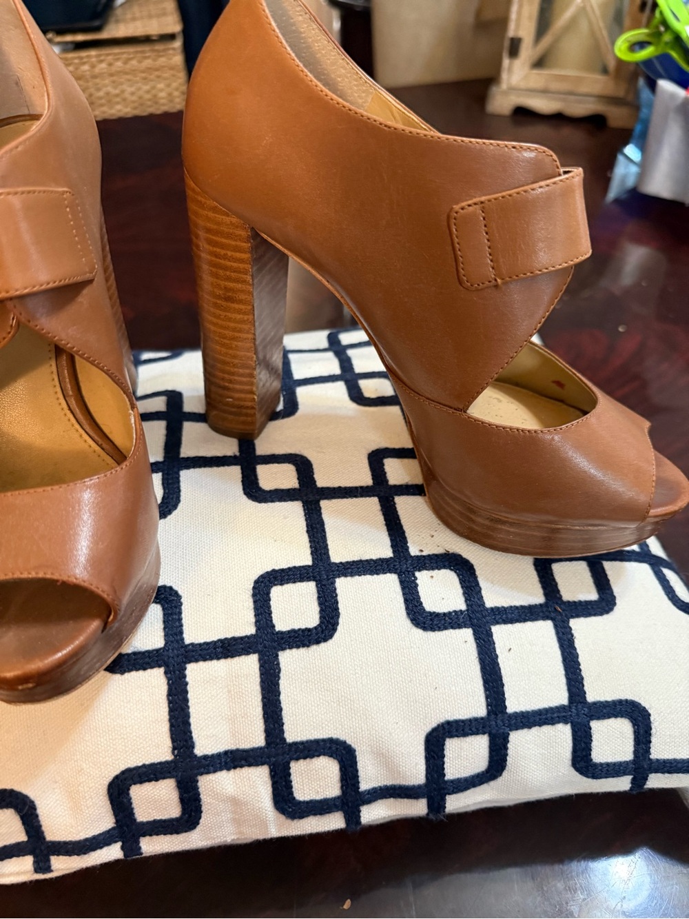 Michael Kors Classic Tan Leather Peep-Toe Platform Heels - Picture 2 of 10